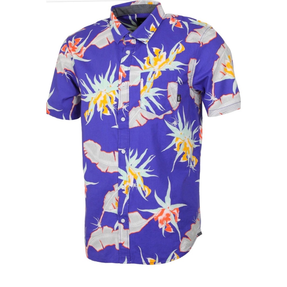 Purple Tropical Printed Short Sleeve Button Down